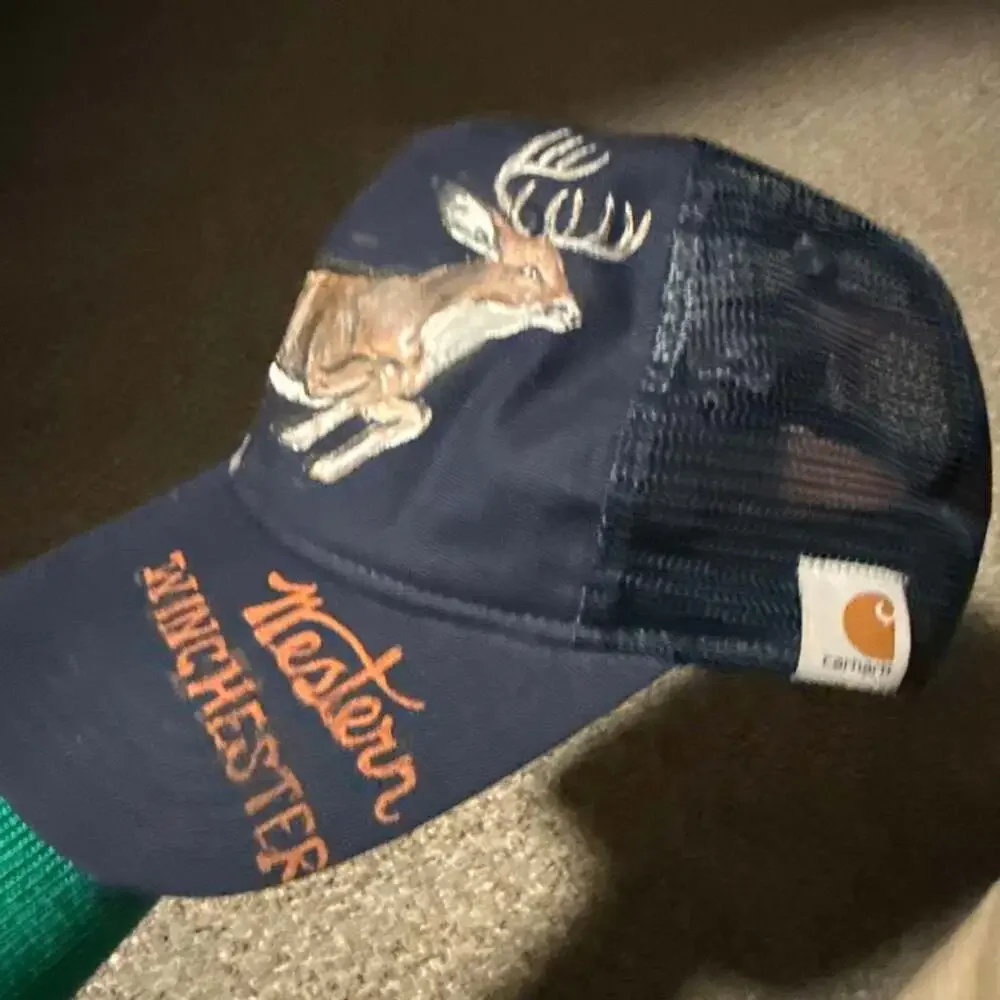 Carhartt Trucker Hat with Custom Hand-Painted Buck Deer and Winchester Text